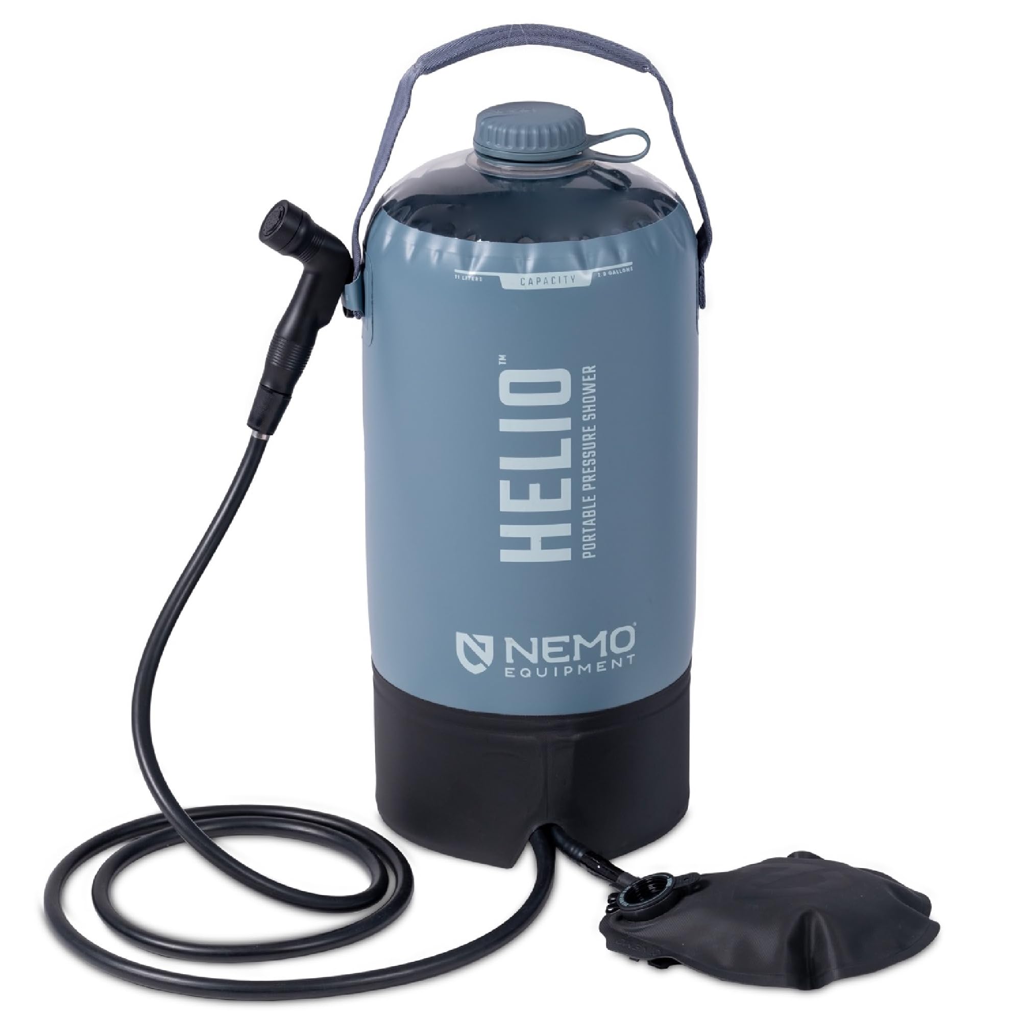 Nemo Helio portable shower assembled for easy outdoor rinsing after activities.