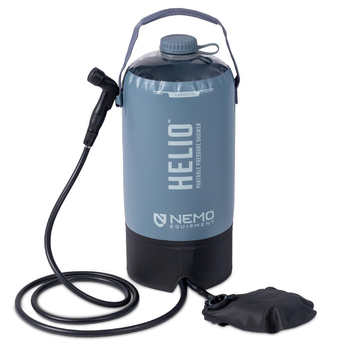 Nemo Helio portable shower assembled for easy outdoor rinsing after activities.