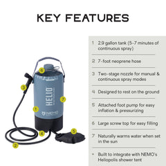 Nemo Helio portable shower hose extended overhead for convenient rinsing.