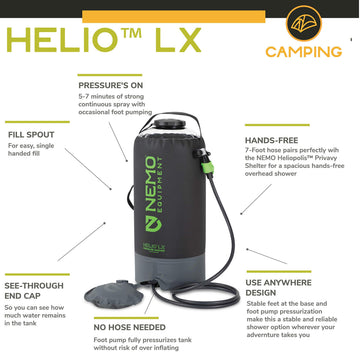 Nemo Helio with foot pump and pressurized tank for quick showers.
