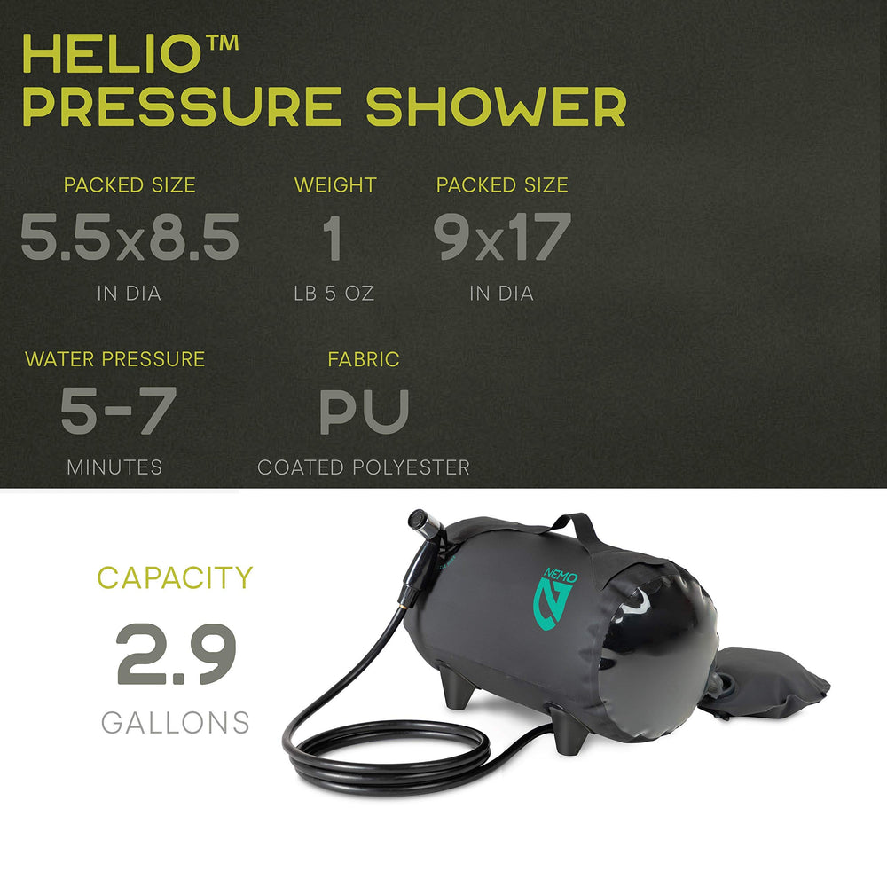 Nemo Helio sun-warmed water for a comfortable outdoor shower.