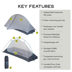 NEMO Hornet Elite Osmo tent side-angle shows aluminum frame and compact packing ideal for hikers