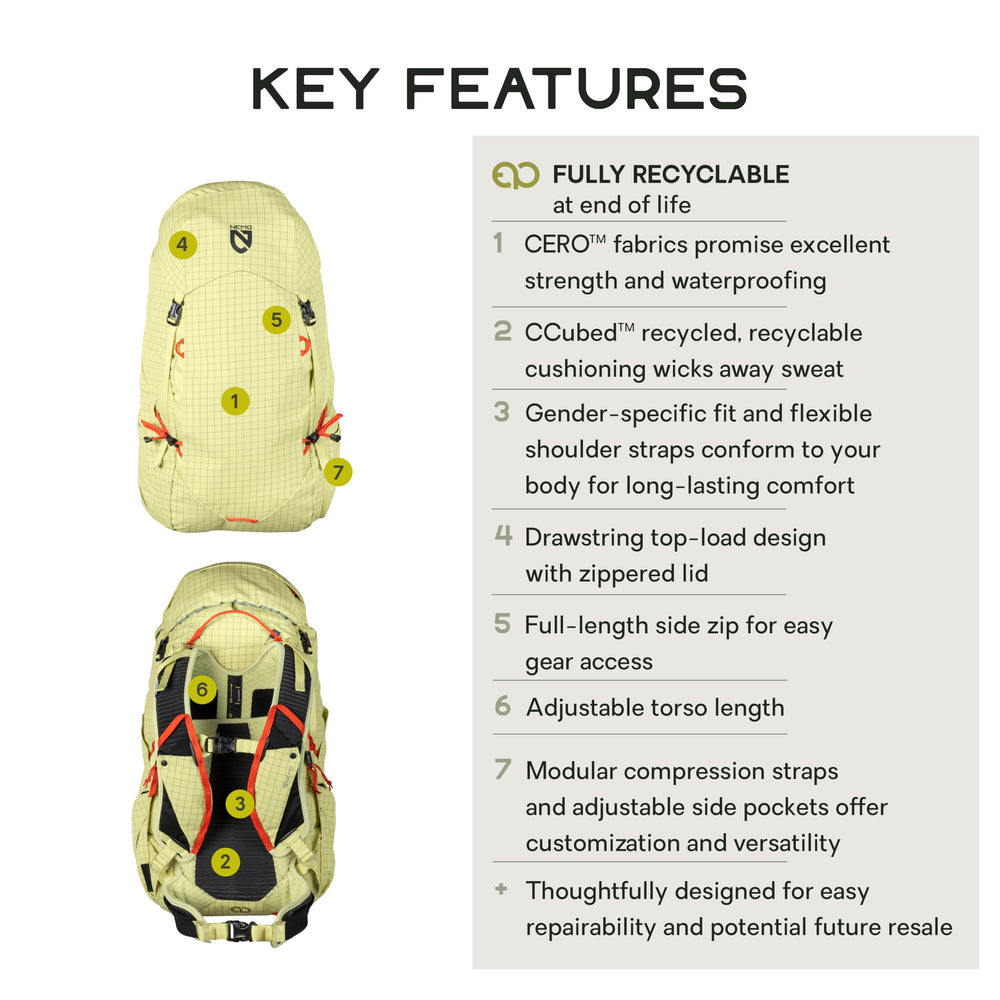 NEMO Resolve 35L daypack side strap detail shows flexible shoulder straps for comfort.