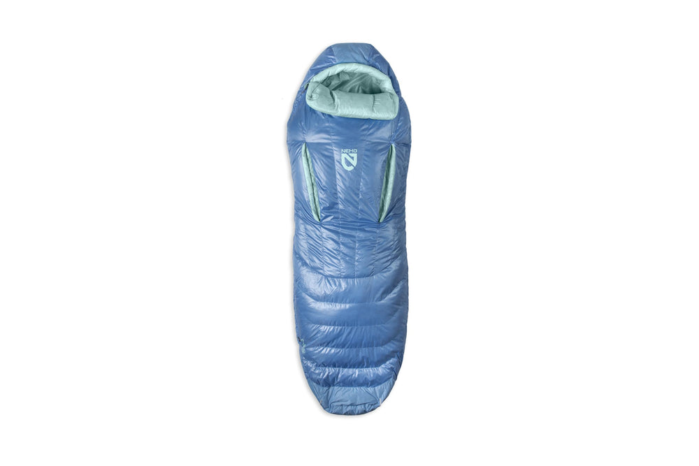 Nemo Riff Endless Promise sleeping bag shows elbow and knee room for unrestricted movement.