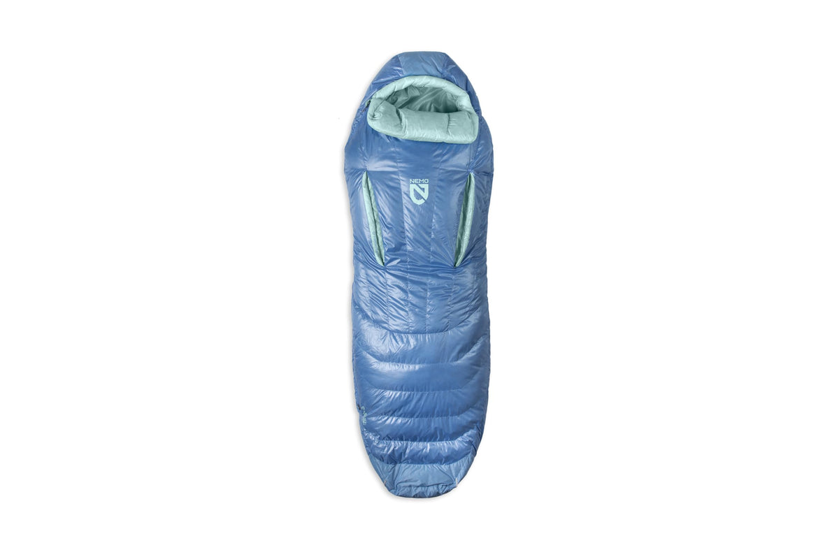 Nemo Riff Endless Promise sleeping bag shows elbow and knee room for unrestricted movement.