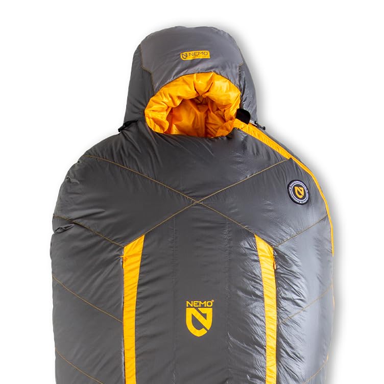 NEMO Sonic Down mummy bag chevron baffles lock in loft and prevent down migration.