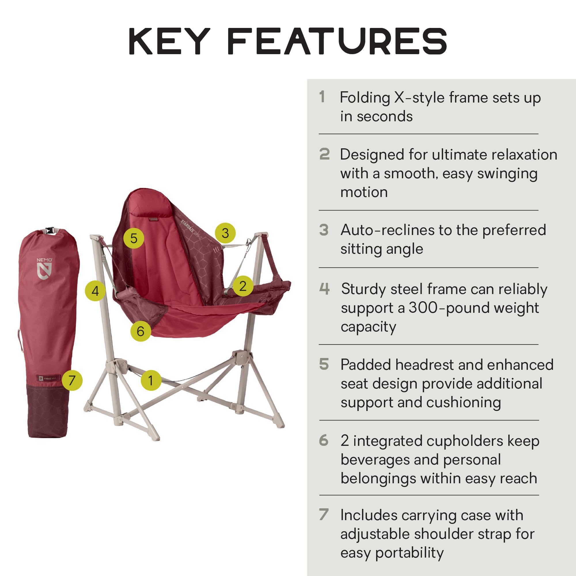 Nemo Stargaze EVO-X deep-claret fabric and sturdy steel frame for rugged outdoor use.