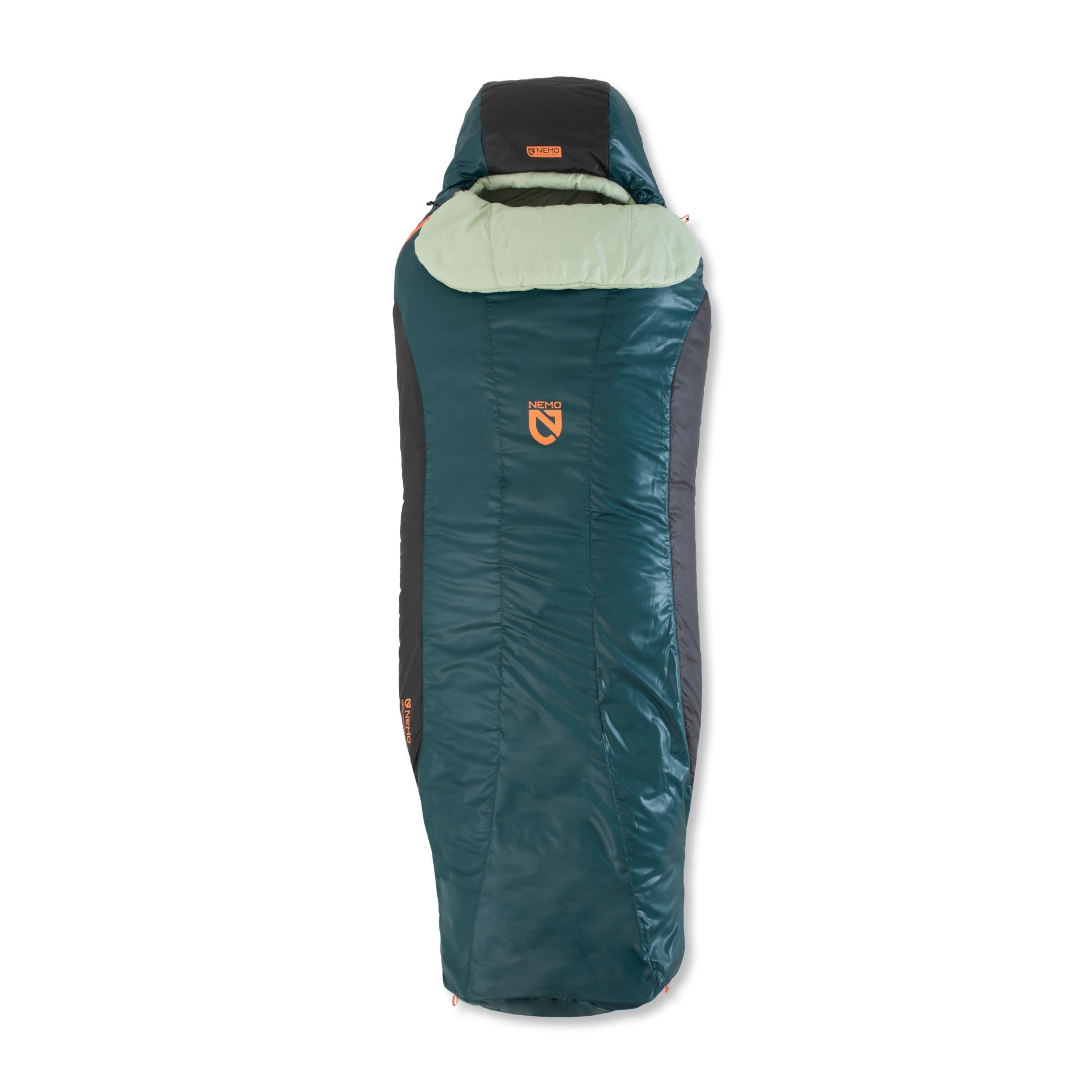 NEMO Tempo front view sleeping bag in Lagoon/Celadon Green for all-night warmth.