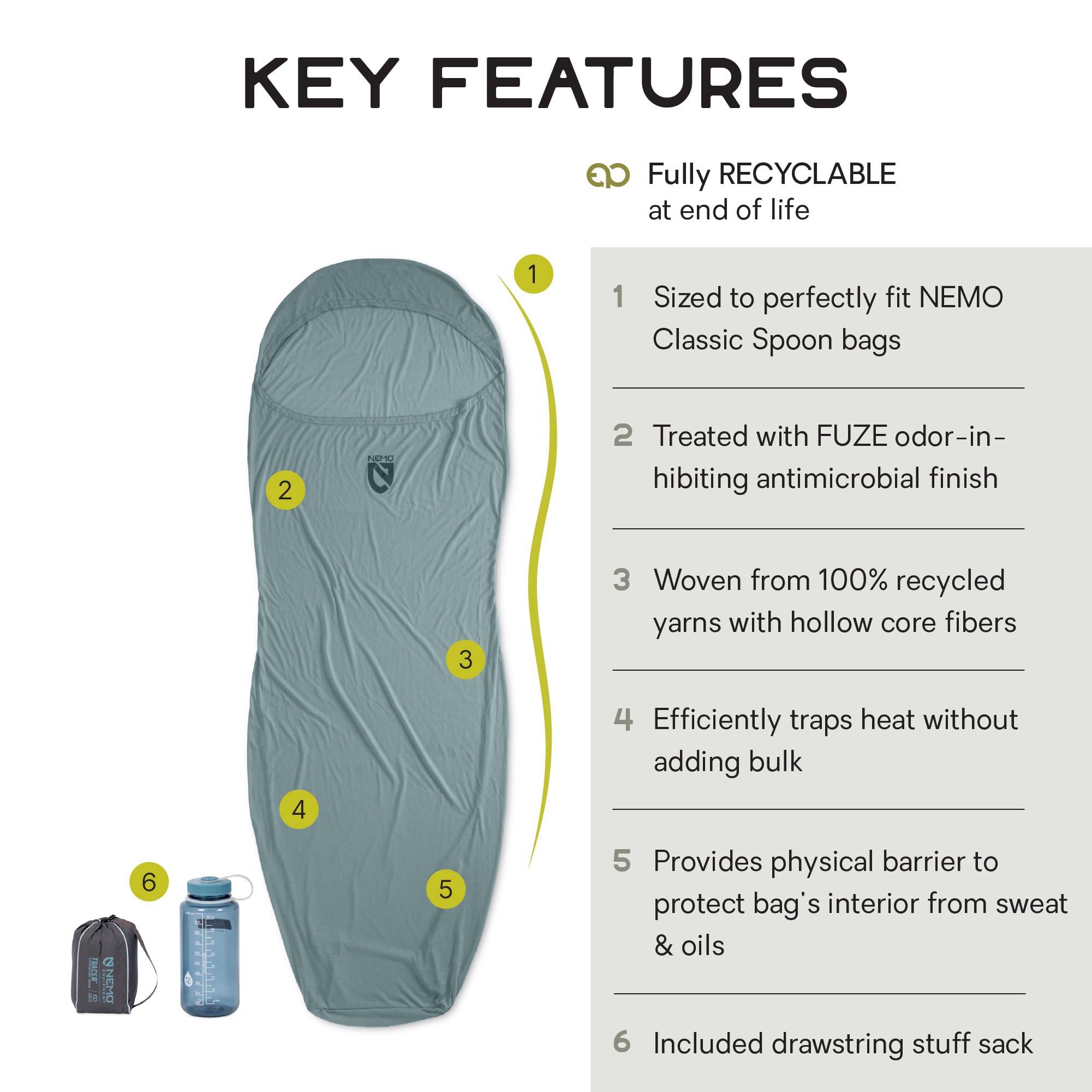 Nemo Tracer liner fabric uses THERMOLITE EcoMade for warmth.