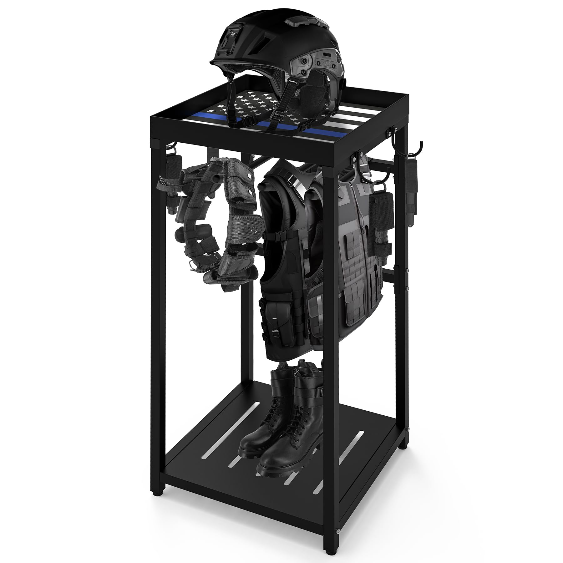 Neoaider police gear stand full setup shows sturdy frame and seven hooks for organized gear after shift