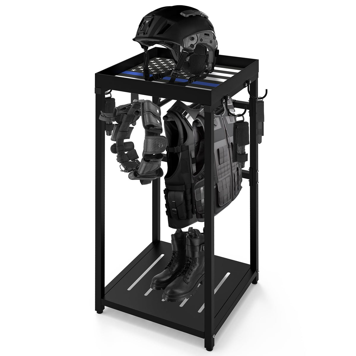 Neoaider police gear stand full setup shows sturdy frame and seven hooks for organized gear after shift