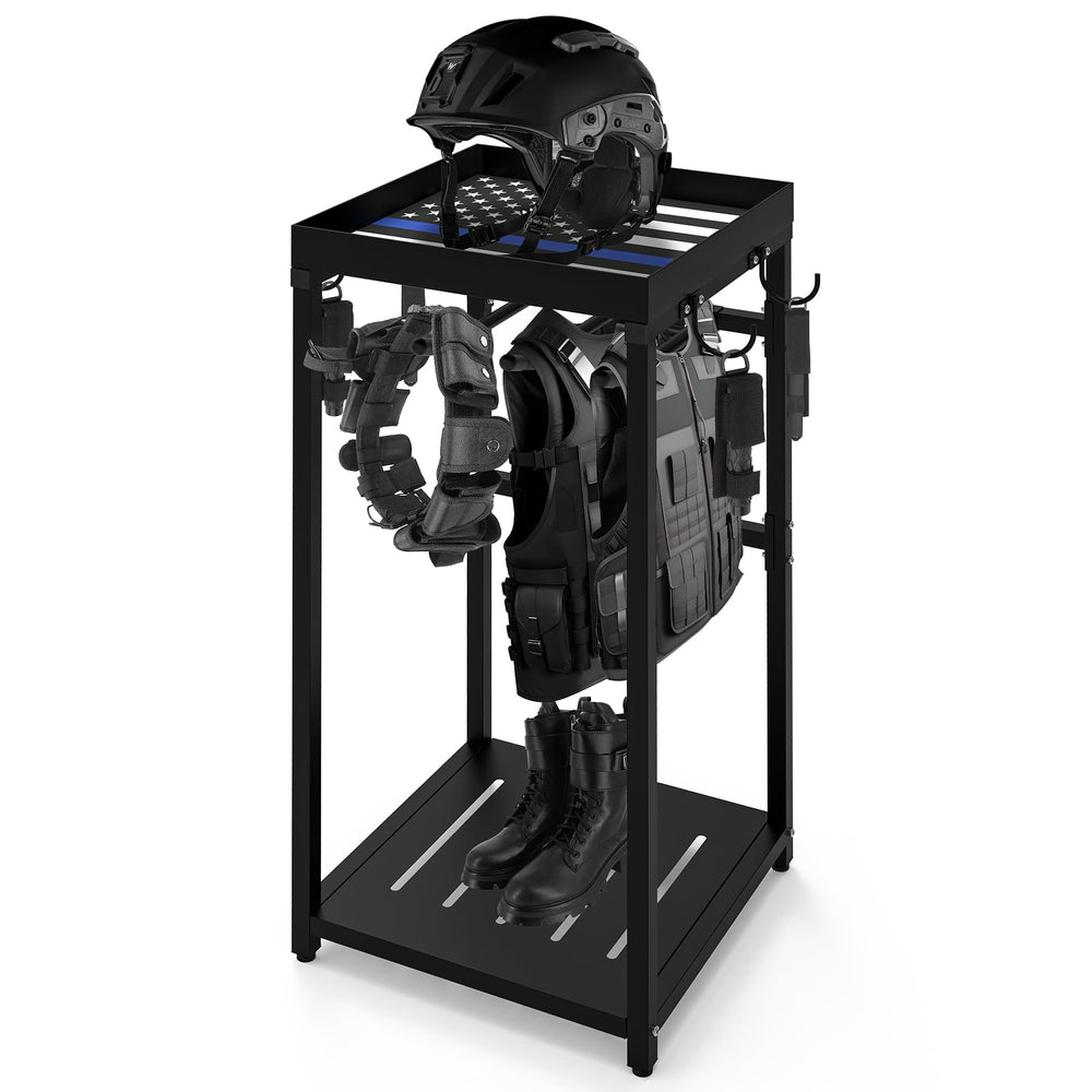 Neoaider police gear stand full setup shows sturdy frame and seven hooks for organized gear after shift
