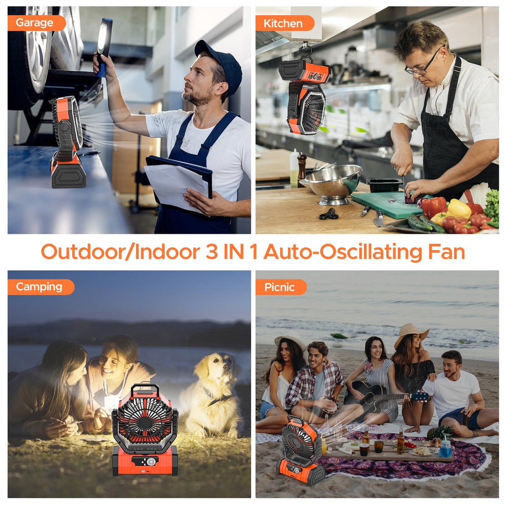 Neofeel 20000mAh battery camping fan powers devices during outages.