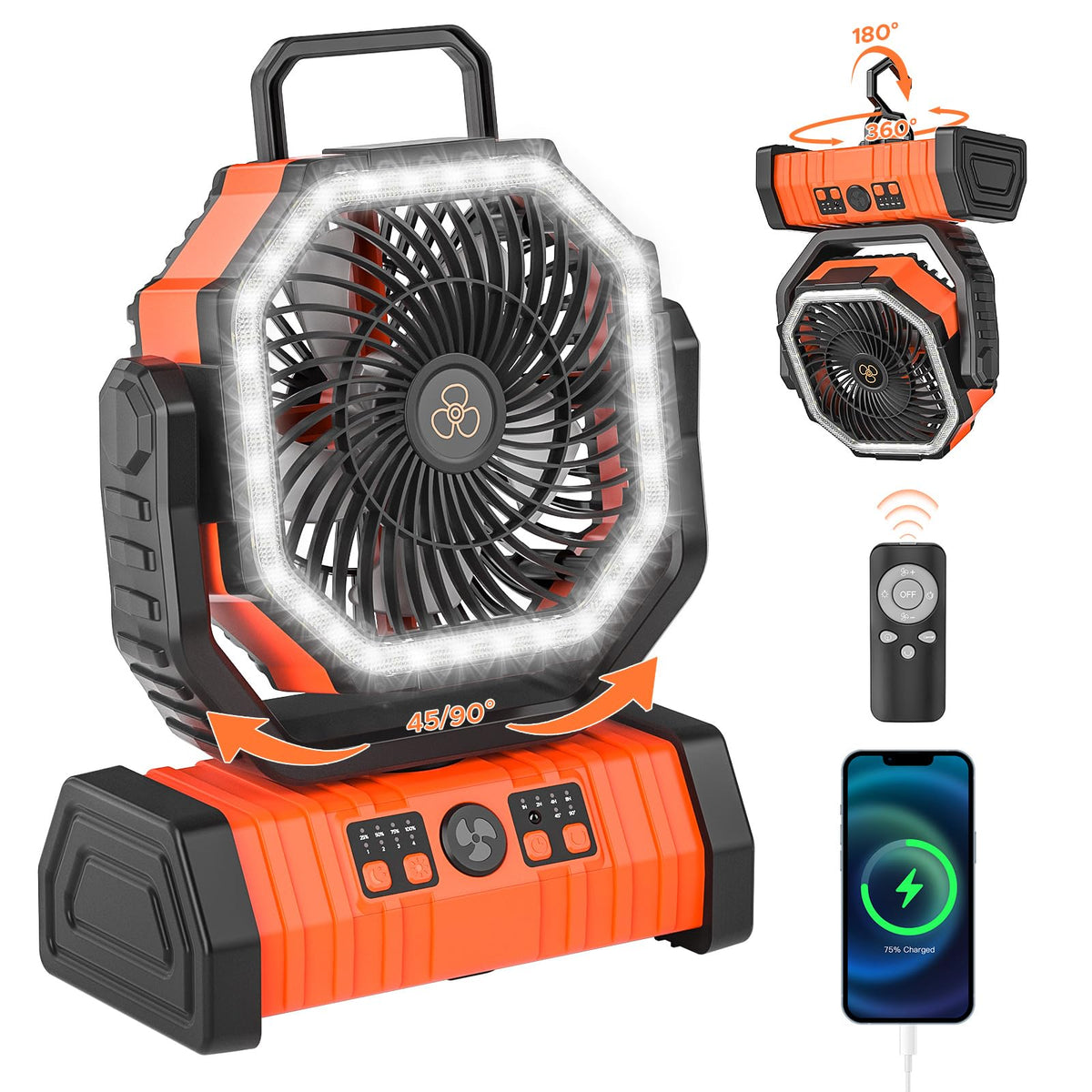 Neofeel rechargeable camping fan with LED lantern orange — portable outdoor lighting.