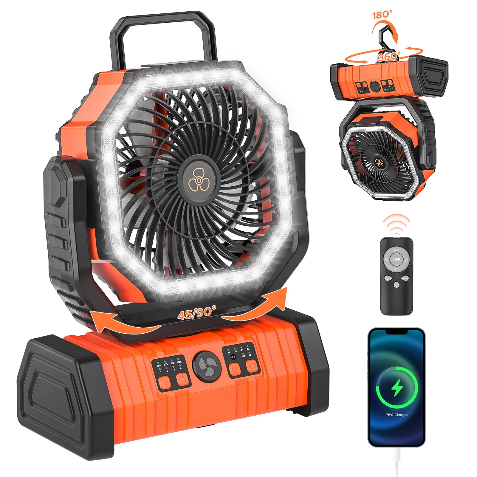 Neofeel rechargeable camping fan with LED lantern orange — portable outdoor lighting.