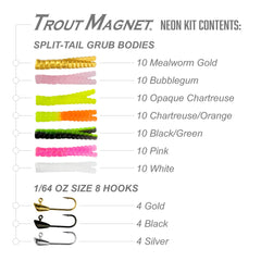 70 neon grub bodies displayed for Trout Magnet Neon Kit