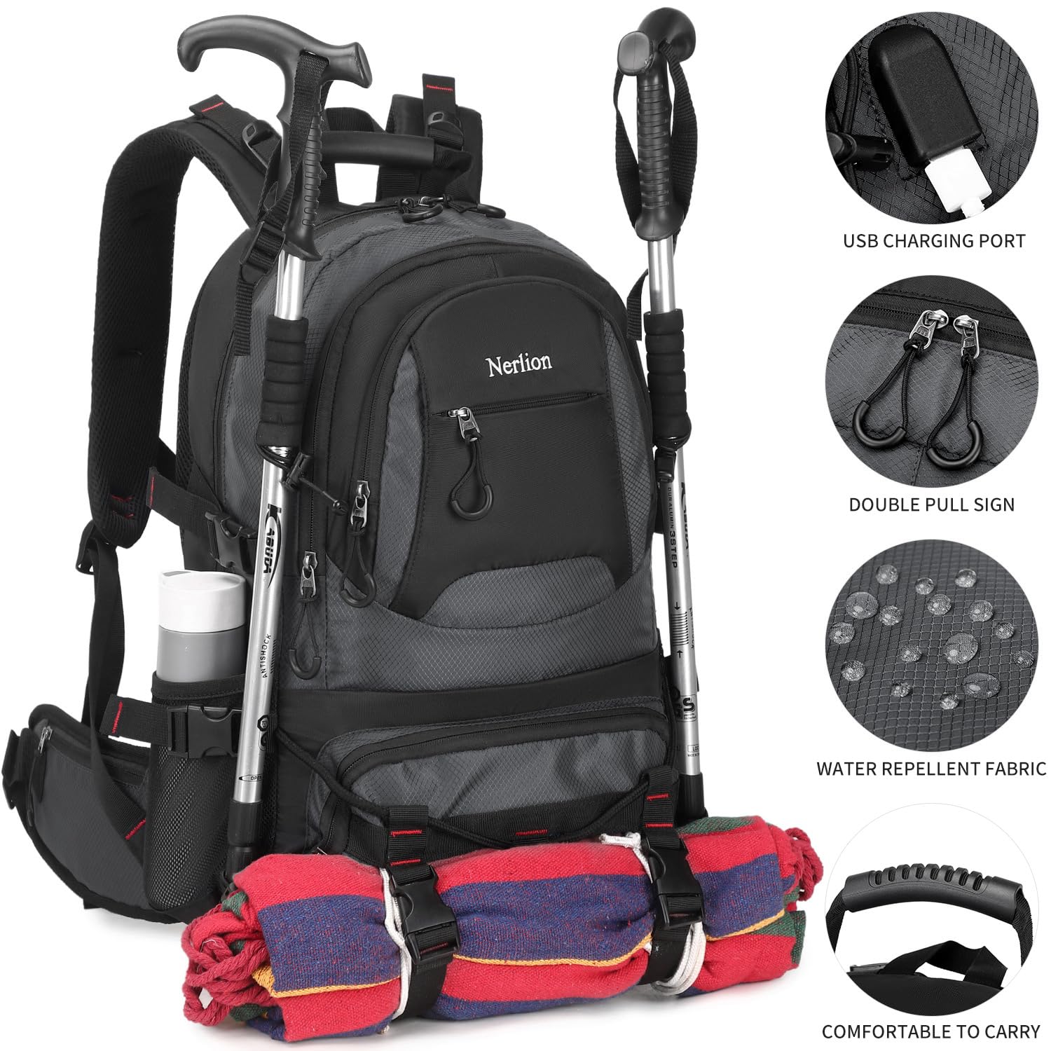 NerIion 40L hiking backpack back-panel anti-theft pocket safeguards valuables.