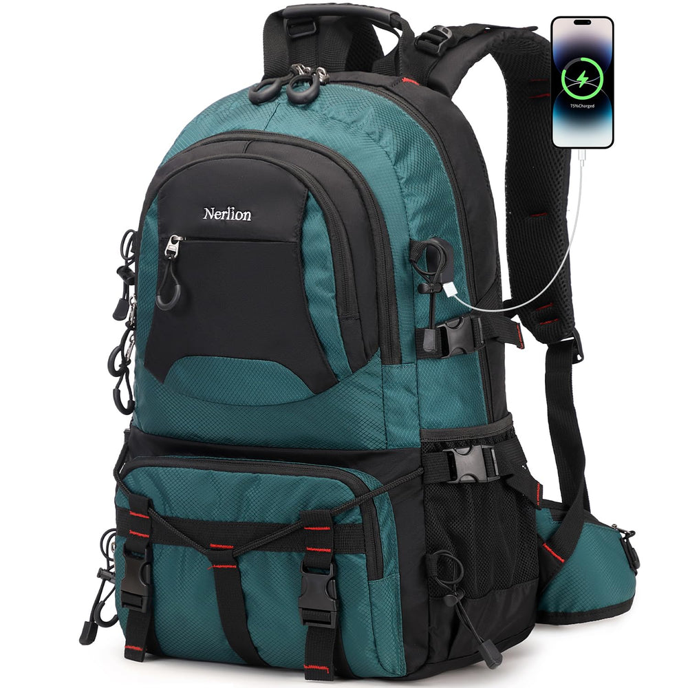 NerIion 40L hiking backpack front view in dark green for organized day hikes.