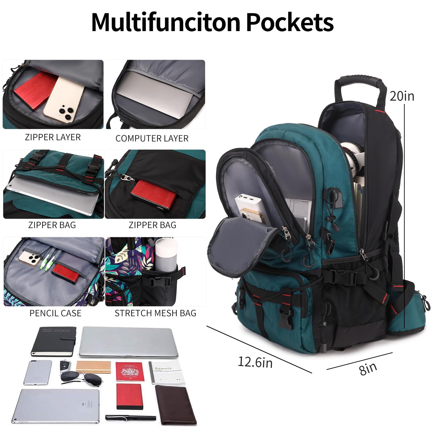 NerIion 40L hiking backpack side pockets highlight quick-access gear in dark green.