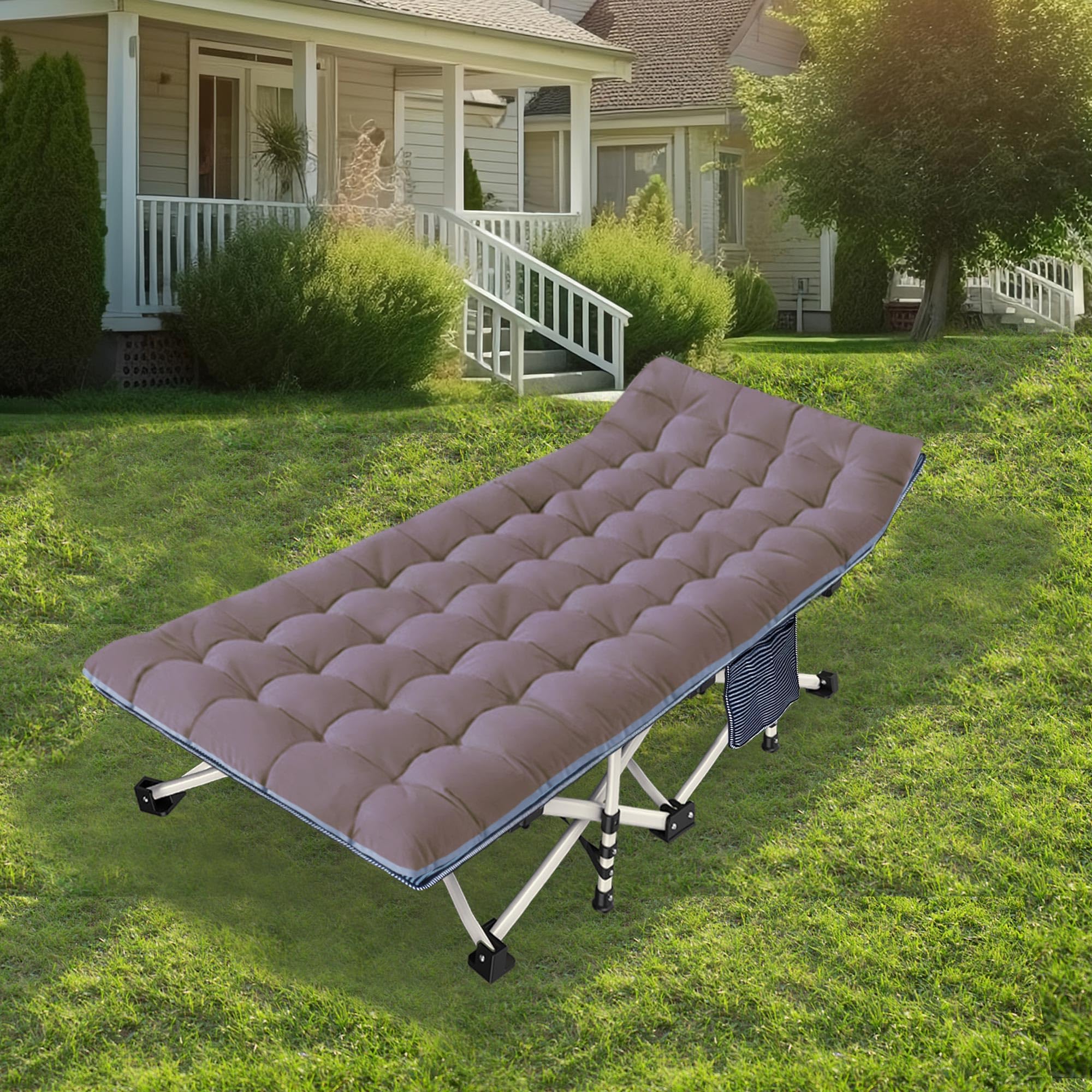 NESDCC camping cot with mattress detail, showcasing soft pad for added comfort.