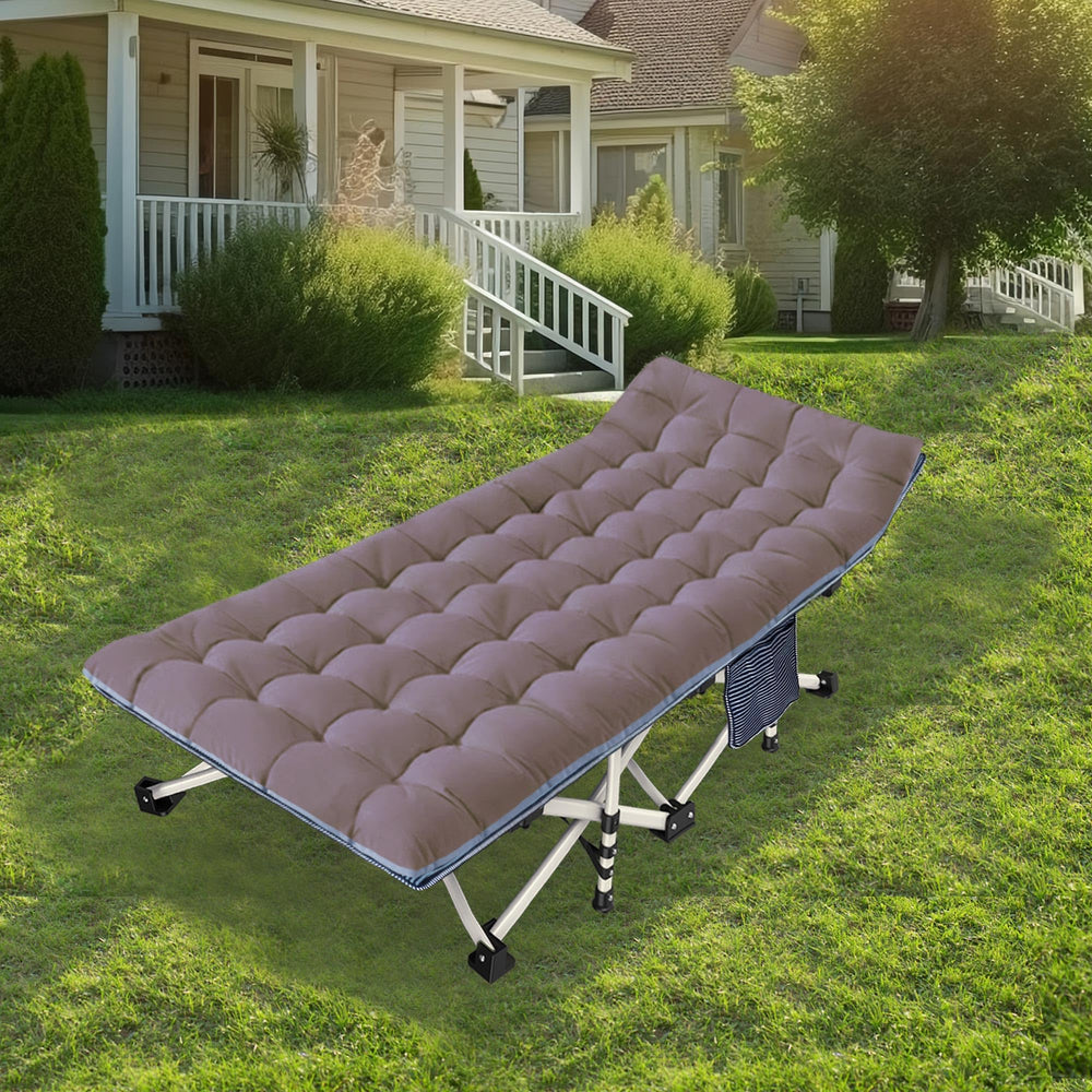 NESDCC camping cot with mattress detail, showcasing soft pad for added comfort.