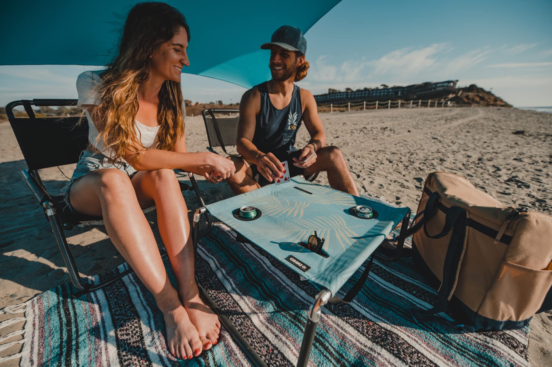 Neso Beach Table folded compact for easy travel and storage.