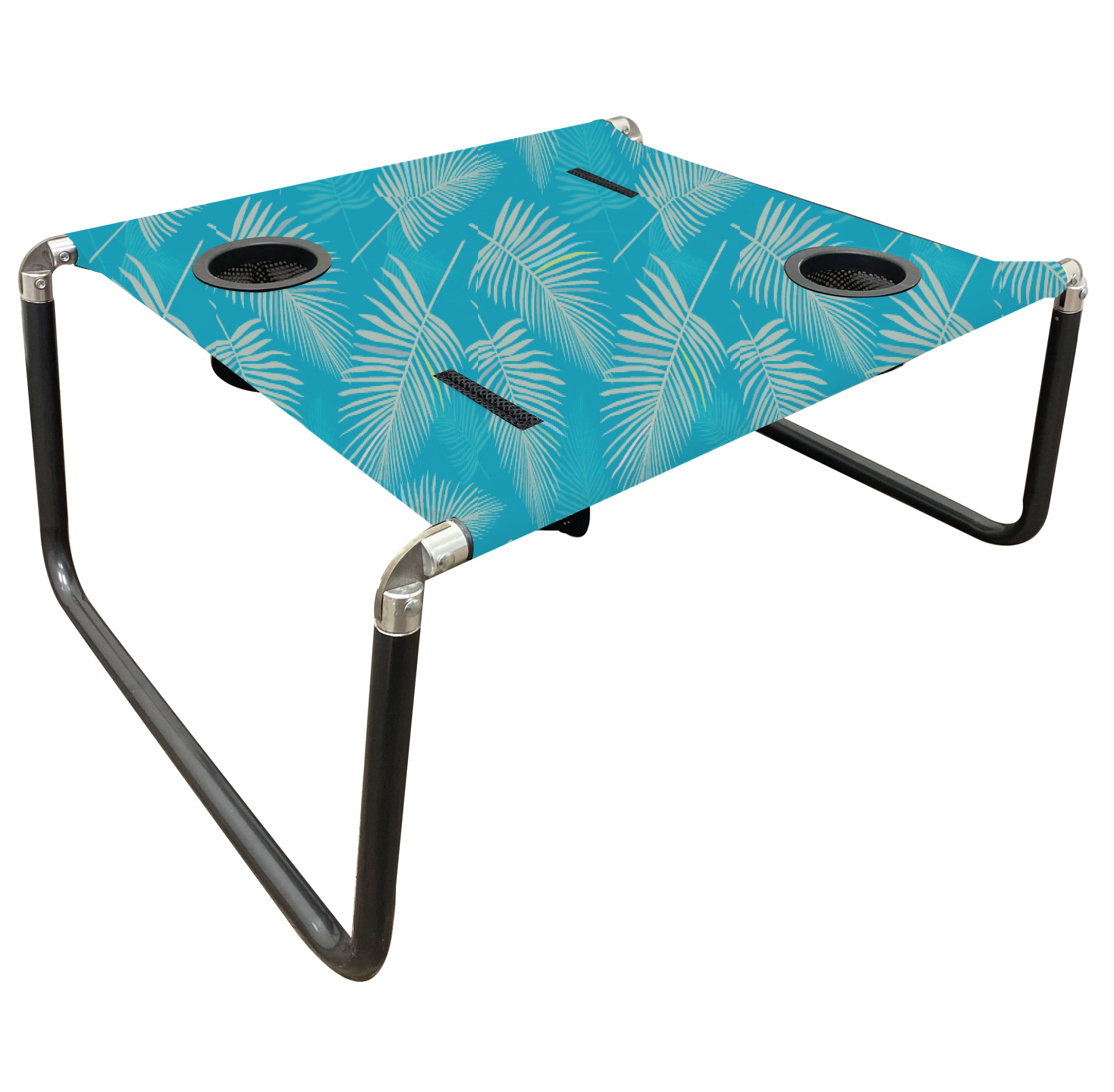 Neso Beach Table Aqua Fronds opens quickly for an instant sand-side surface.