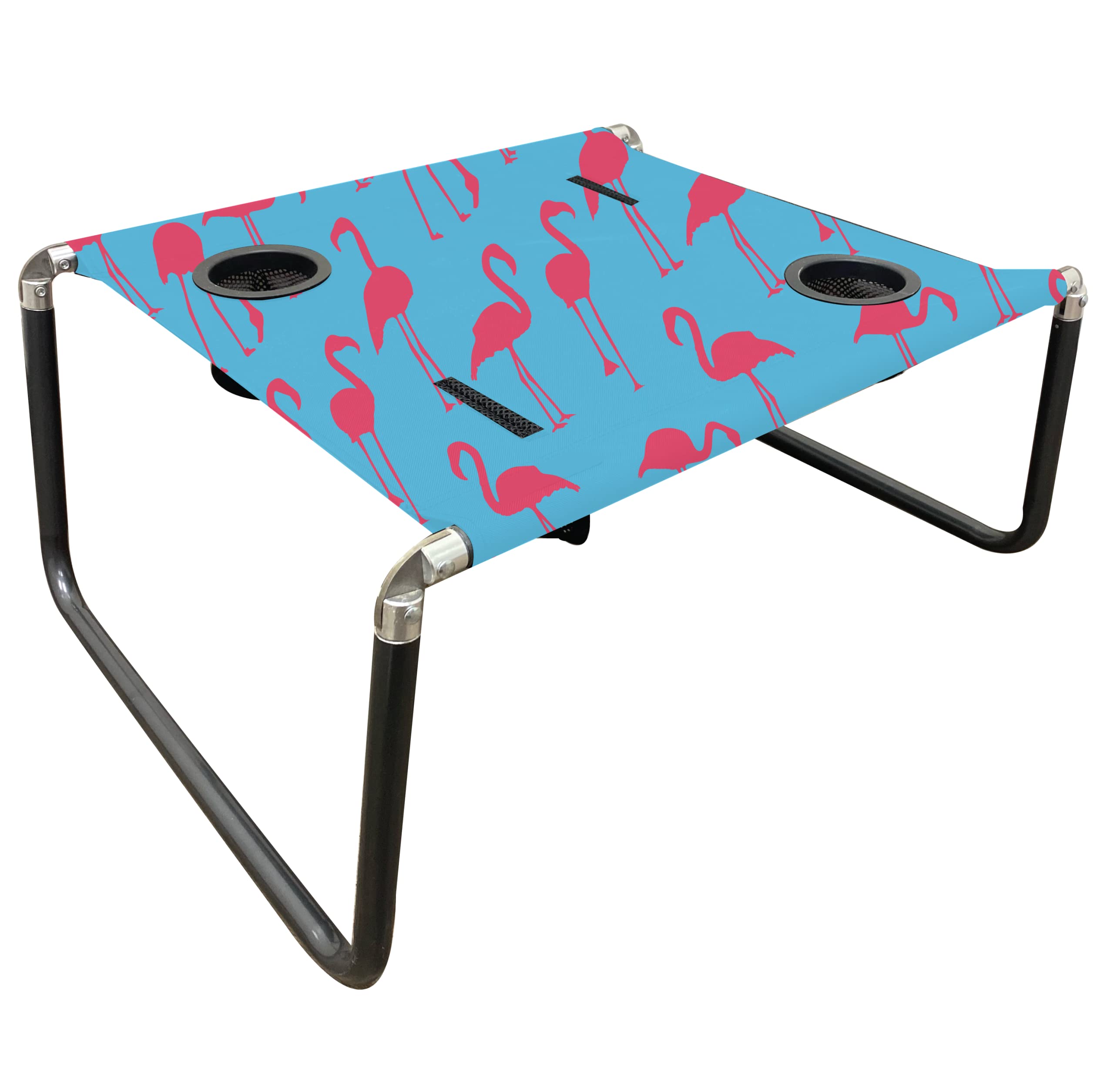 Neso Beach Table setup with flamingos keeps drinks within reach on the sand