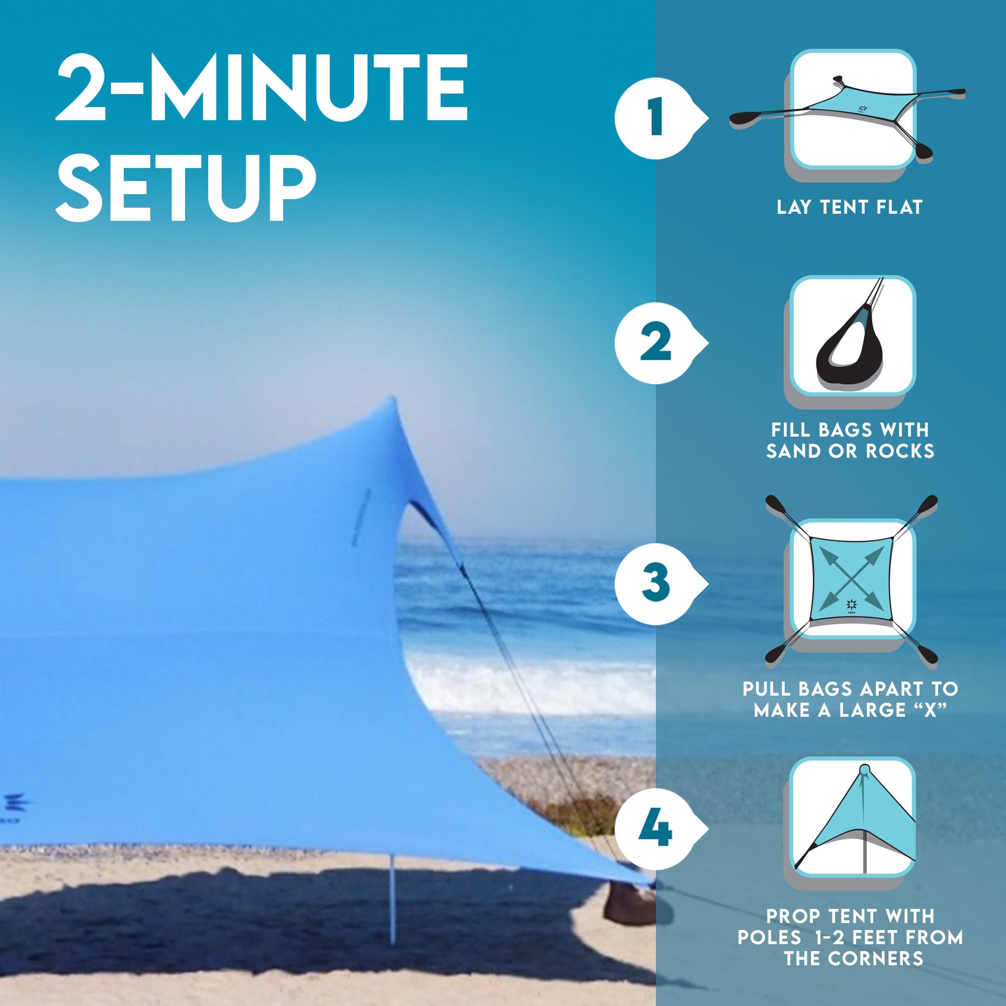 Neso Gigante aluminum poles illustrate sturdy support during breezy beach days.