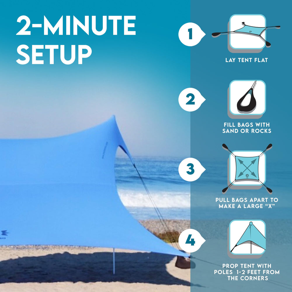 Neso Gigante aluminum poles illustrate sturdy support during breezy beach days.