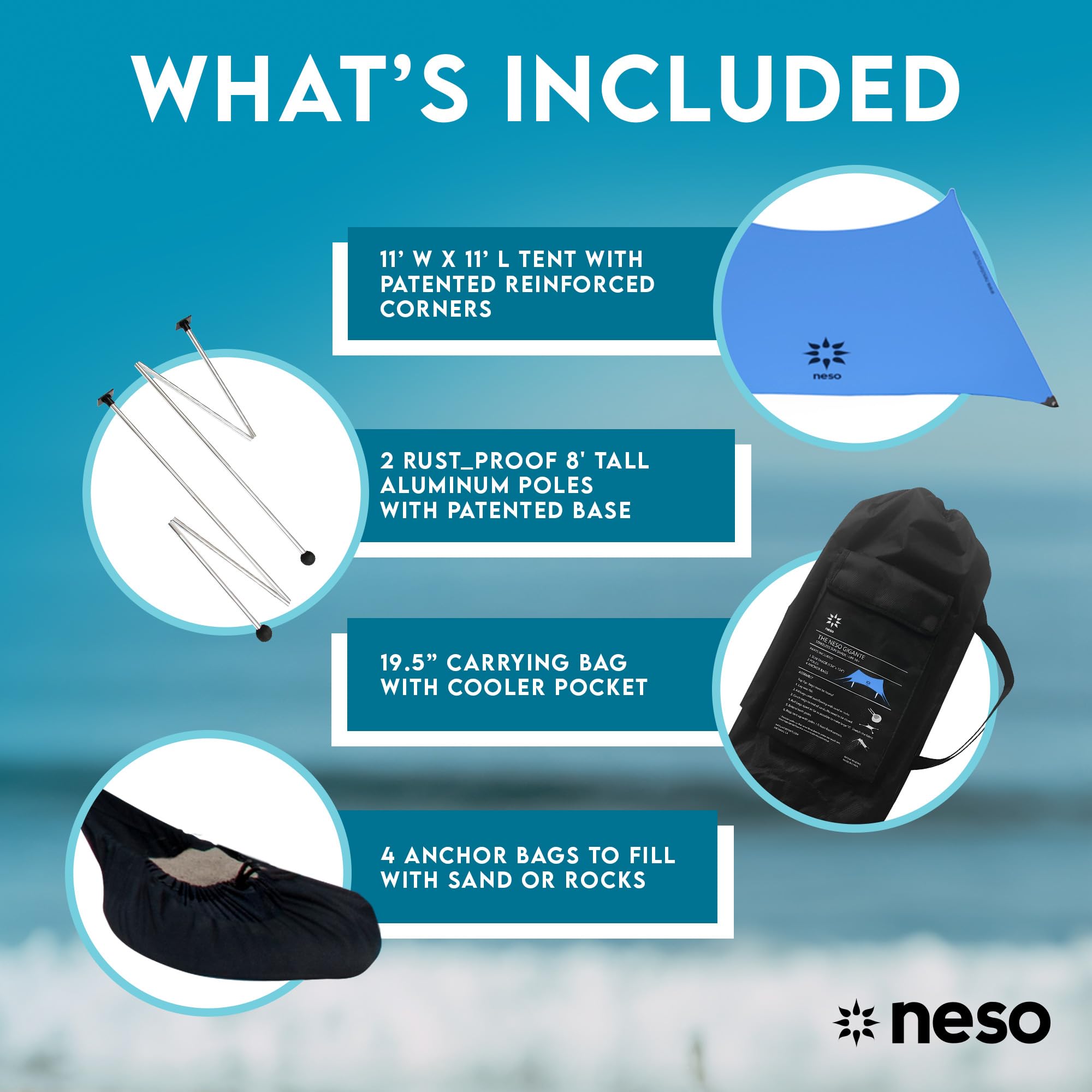 Neso Gigante sand anchor bags show reliable stability without stakes on windy shores.