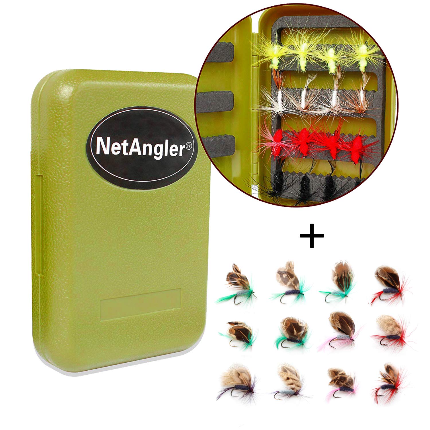 Fly box case with 16 flies and 12 vivid color flies