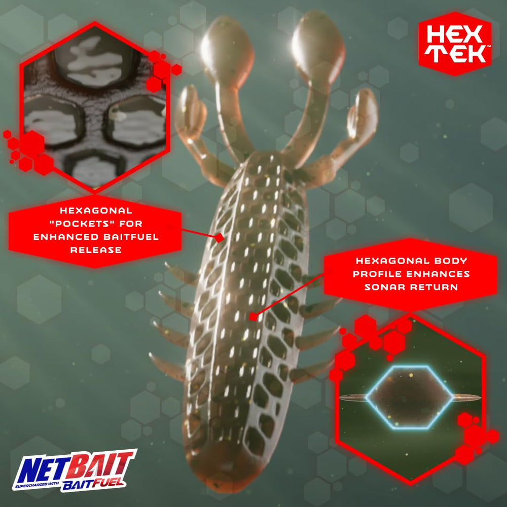 NetBait HexTek EKO Craw hex pockets hold scent and release attractant.