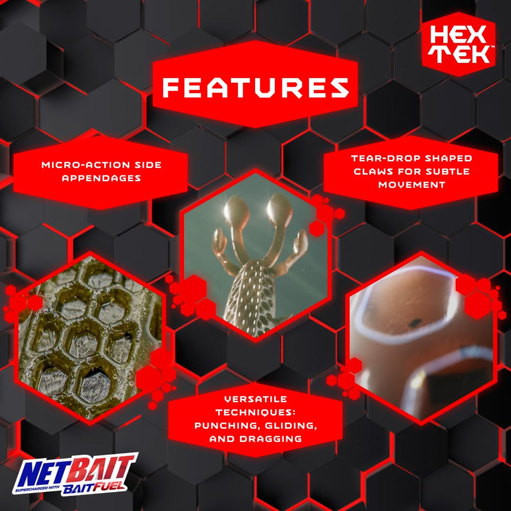 NetBait HexTek EKO Craw micro-action side appendages deliver lifelike movement.