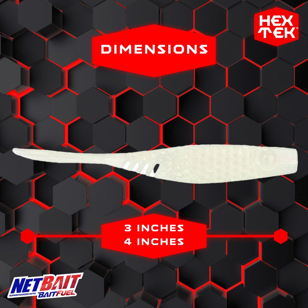 NetBait HexTek EKO Shad 3-inch Albino Pearl, texture close-up reveals hex pockets that emit scent.