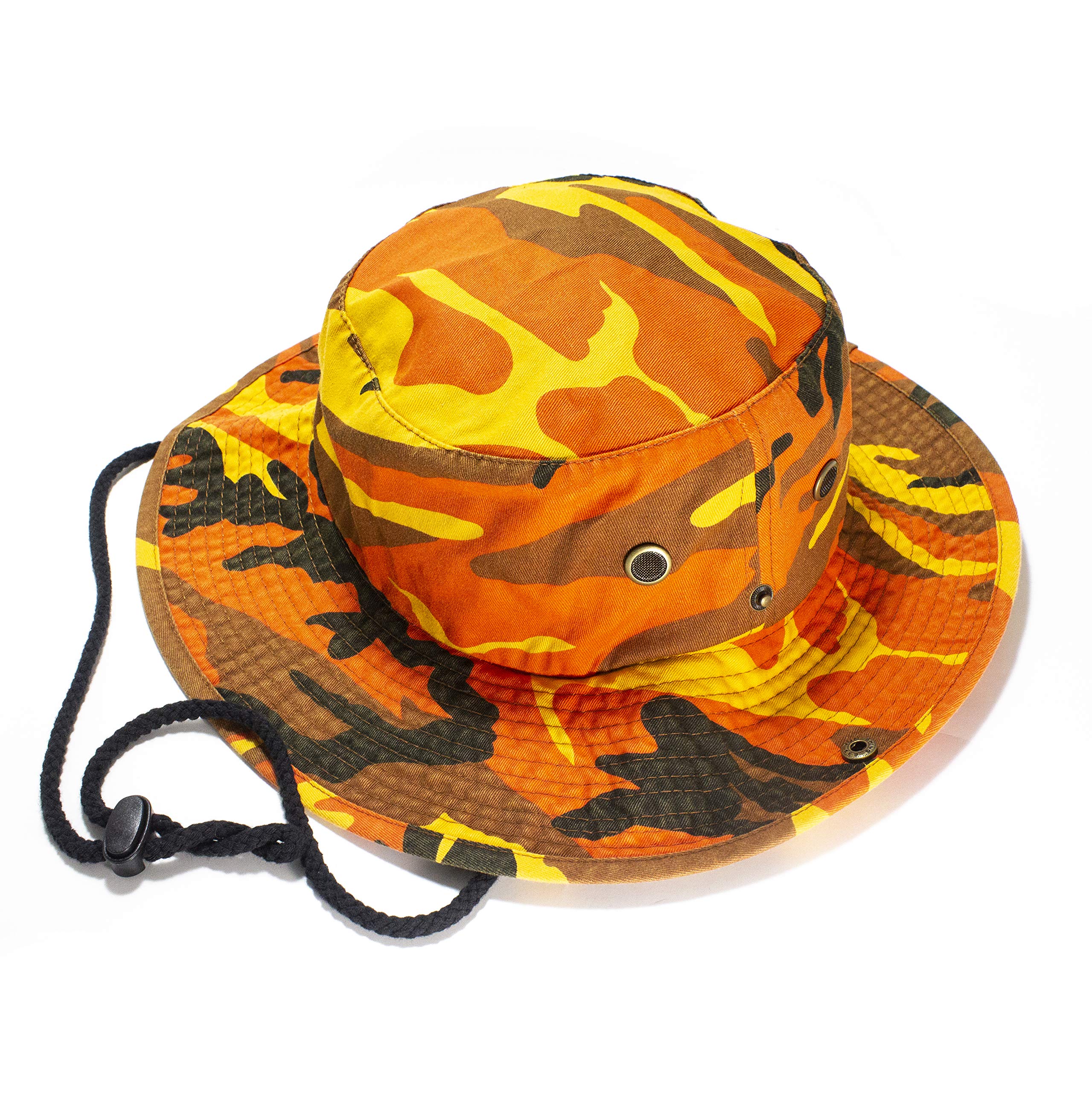 NevEND camo bucket hat front view offers sun protection and outdoor style