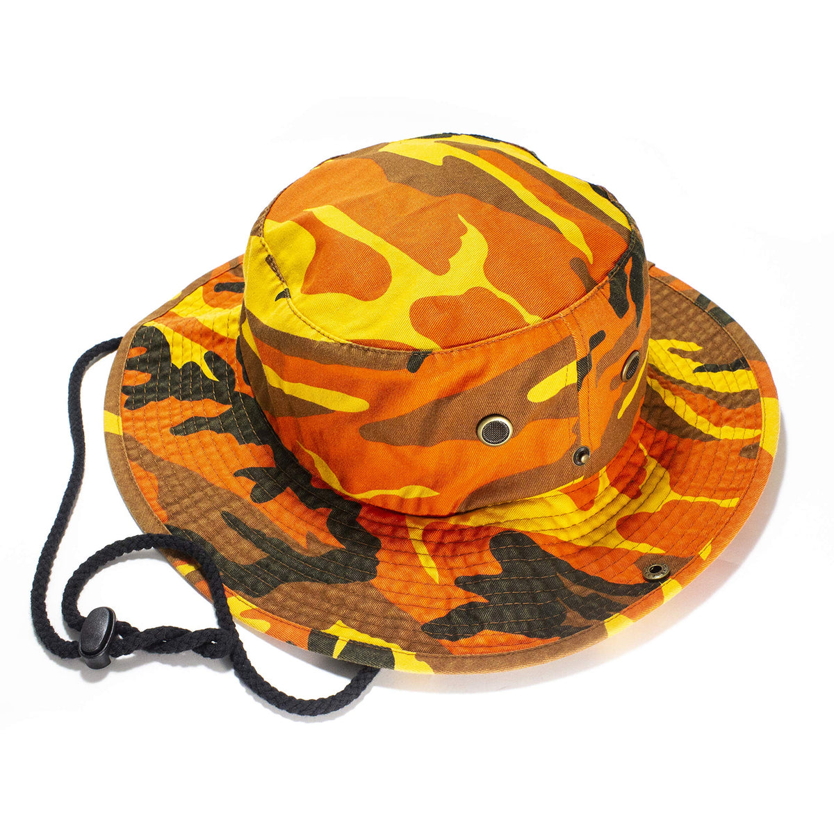 NevEND camo bucket hat front view offers sun protection and outdoor style