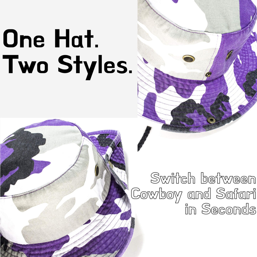NevEND camo bucket hat folded view illustrating packability for trips.