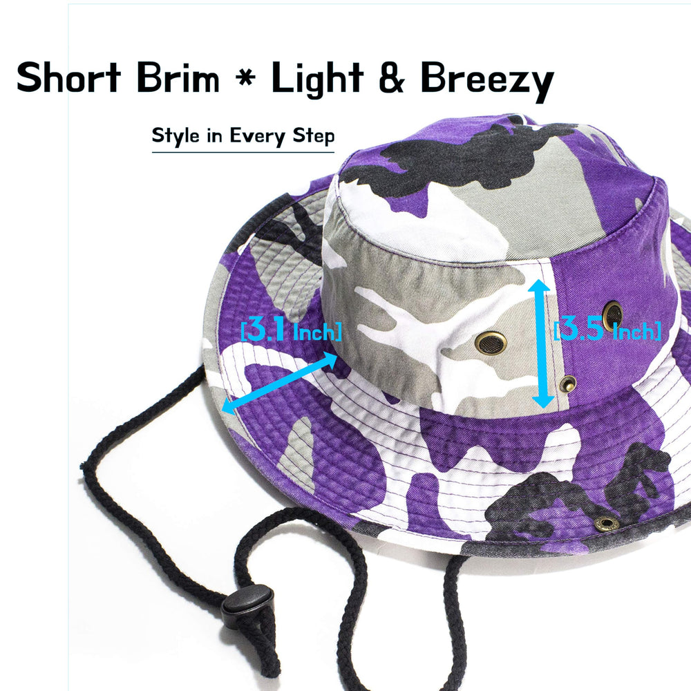 NevEND camo bucket hat side view with breathable fabric for all-day comfort.