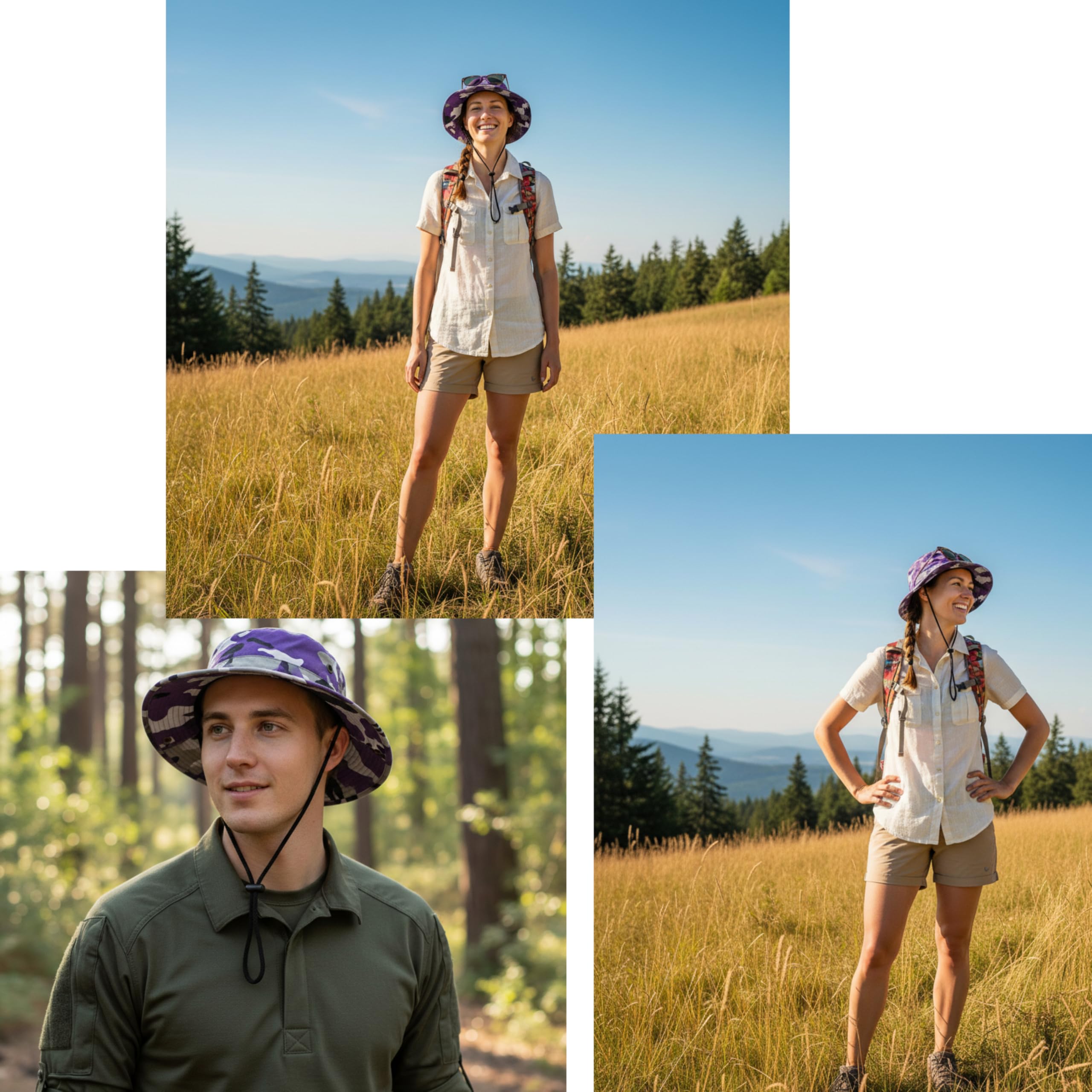 NevEND camo bucket hat in outdoor use highlighting sun protection.