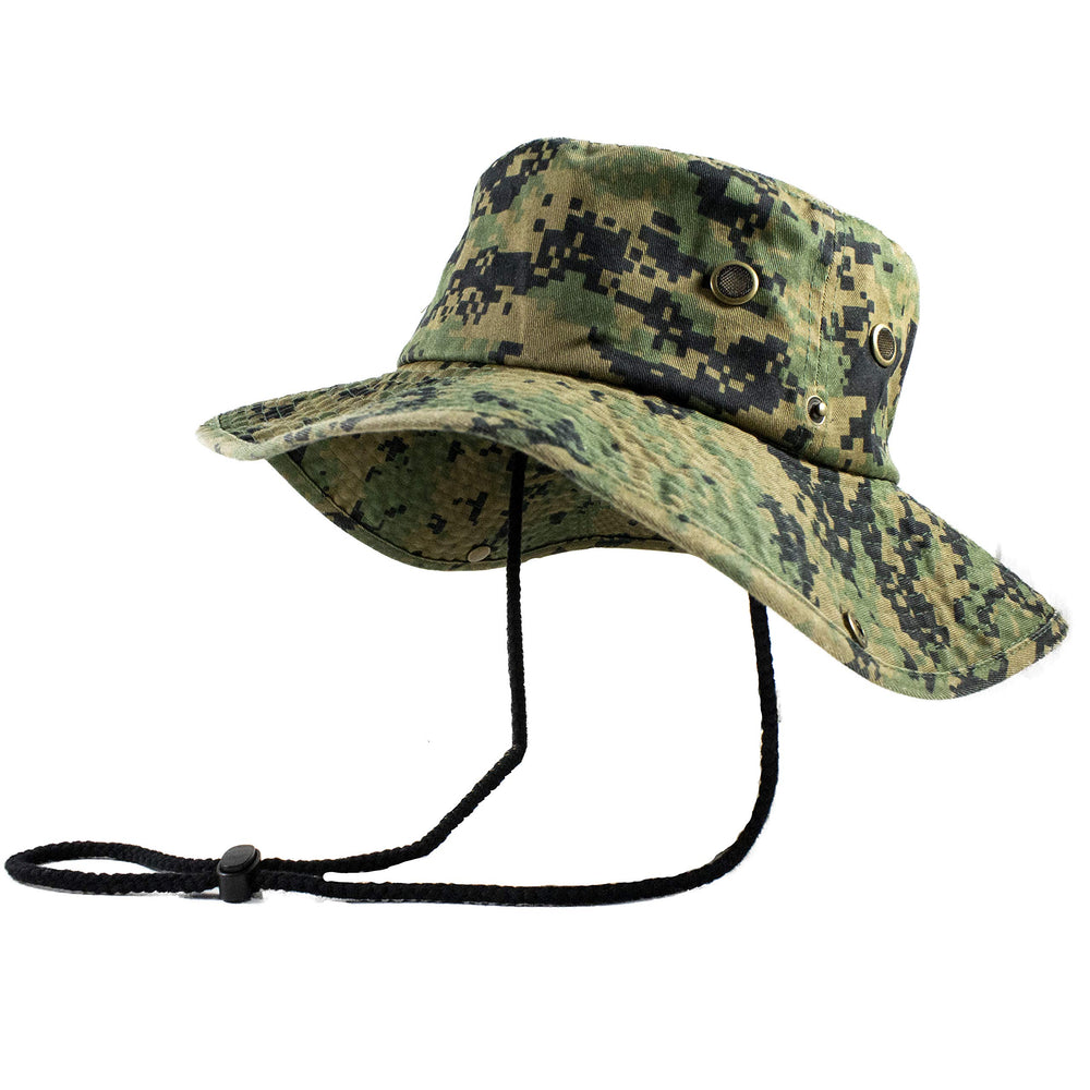 NevEND camo bucket hat for hunting with lightweight comfort and adjustable strap