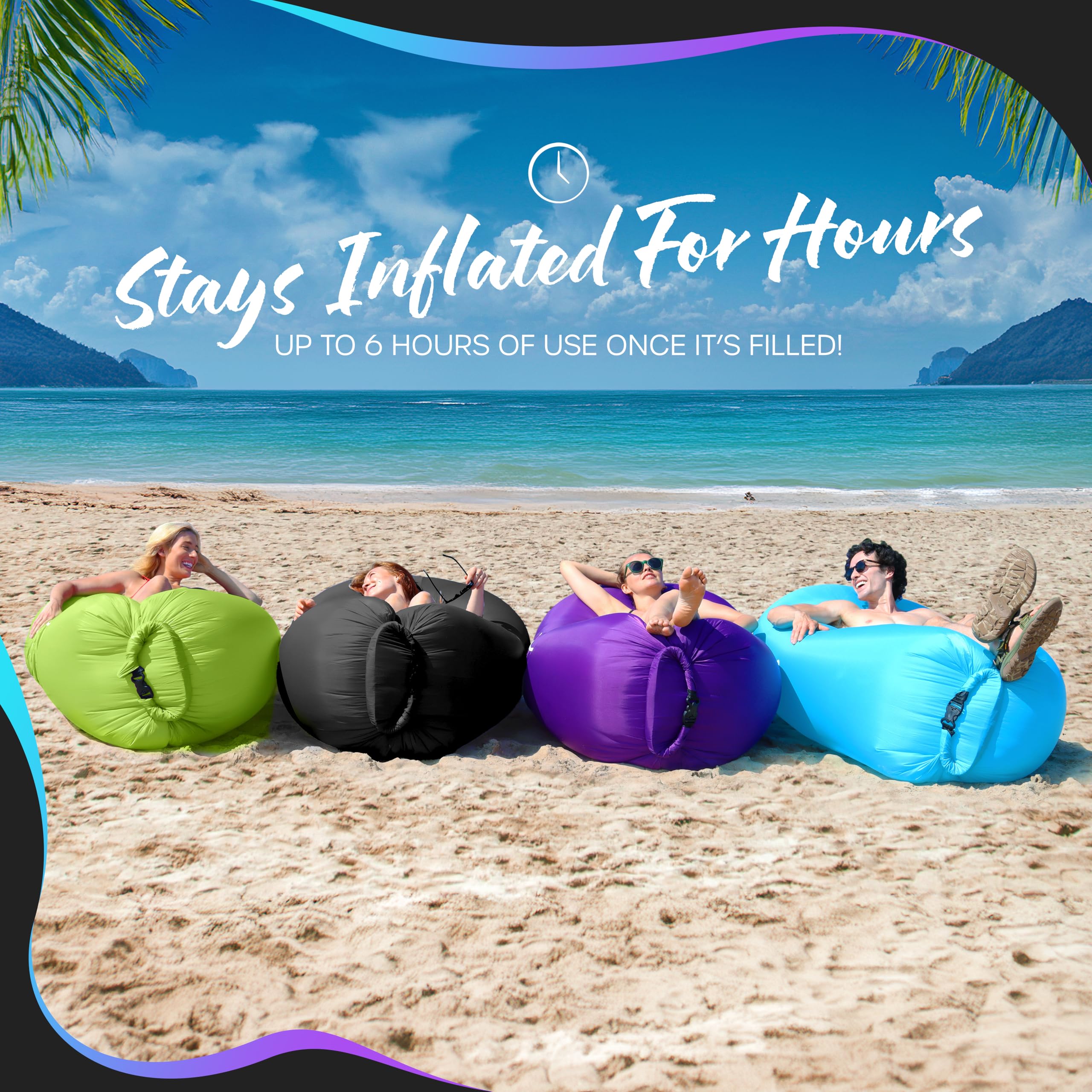 Beach scene with Nevlers inflatable lounge ready for sun and relaxation.