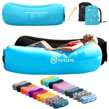 Nevlers inflatable loungers in pack front with compact carry bag for easy transport.