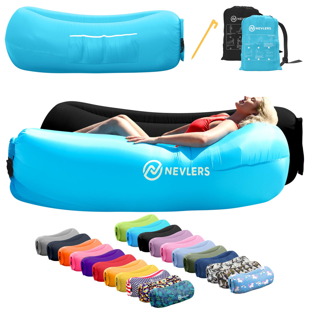 Nevlers inflatable loungers in pack front with compact carry bag for easy transport.