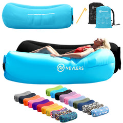 Nevlers inflatable loungers in pack front with compact carry bag for easy transport.
