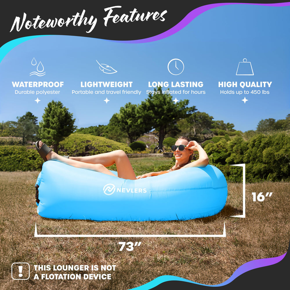 Nevlers blue-green air sofa no-pump setup showing wind-inflation for quick relaxation