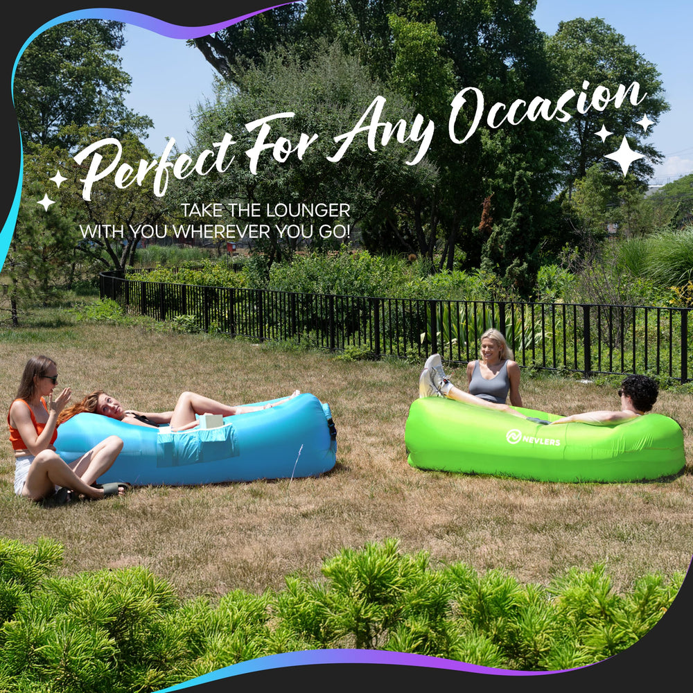 Nevlers blue-green couch at beach demonstrates versatile outdoor use for camping and picnics