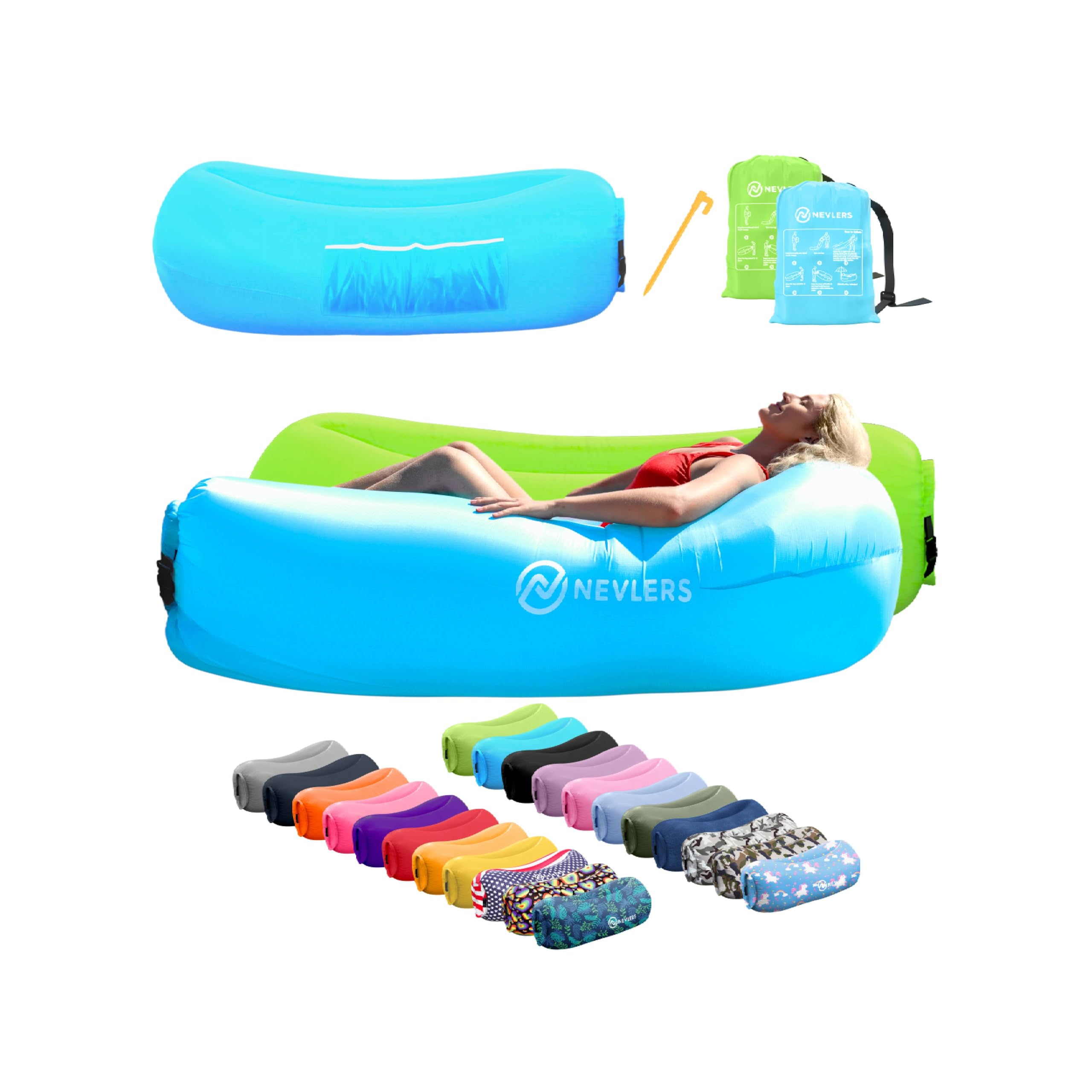 Nevlers blue-green inflatable couch outdoor-lounge no-pump setup for easy camping