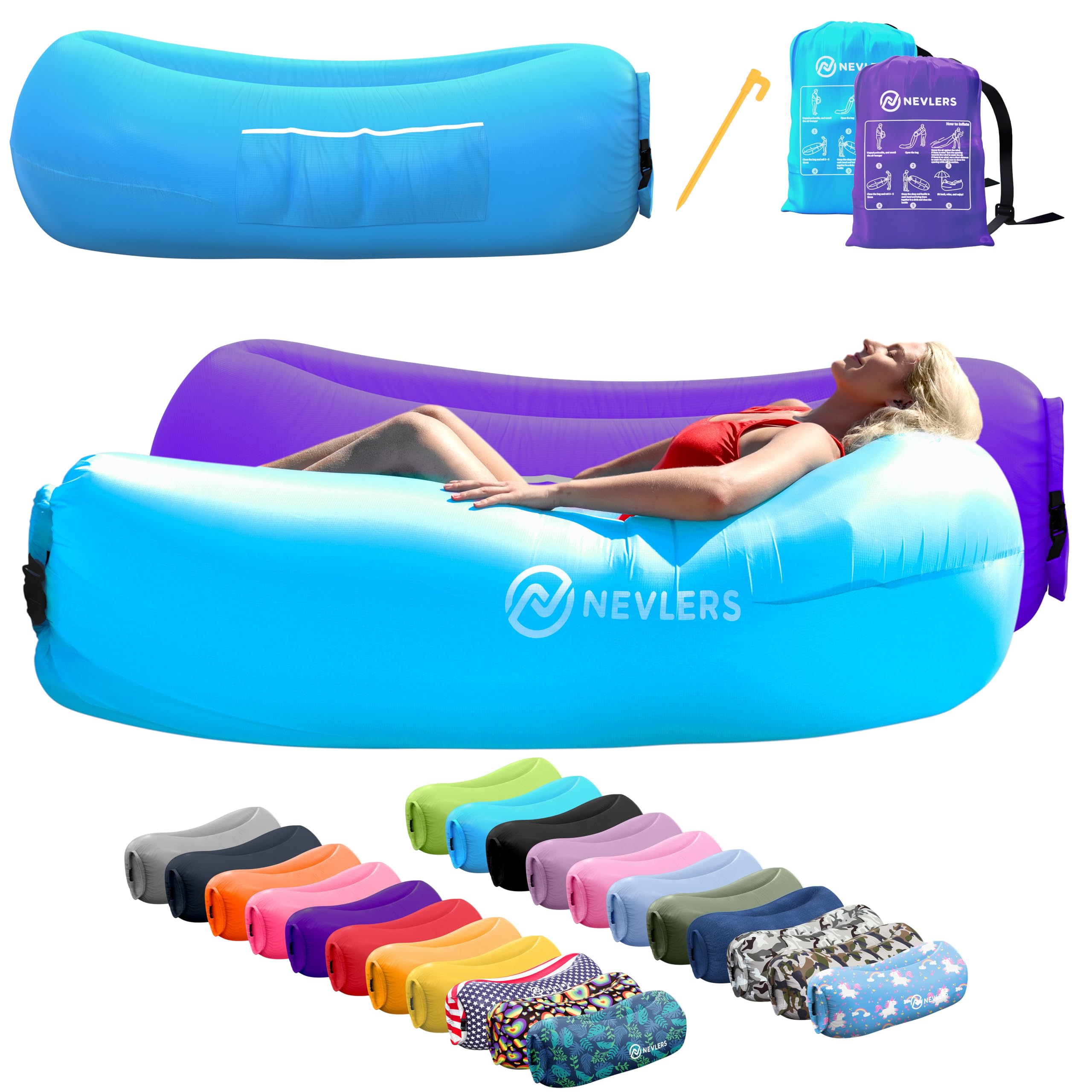 Nevlers blue and purple inflatable lounger 2-pack ready for outdoor relaxation.