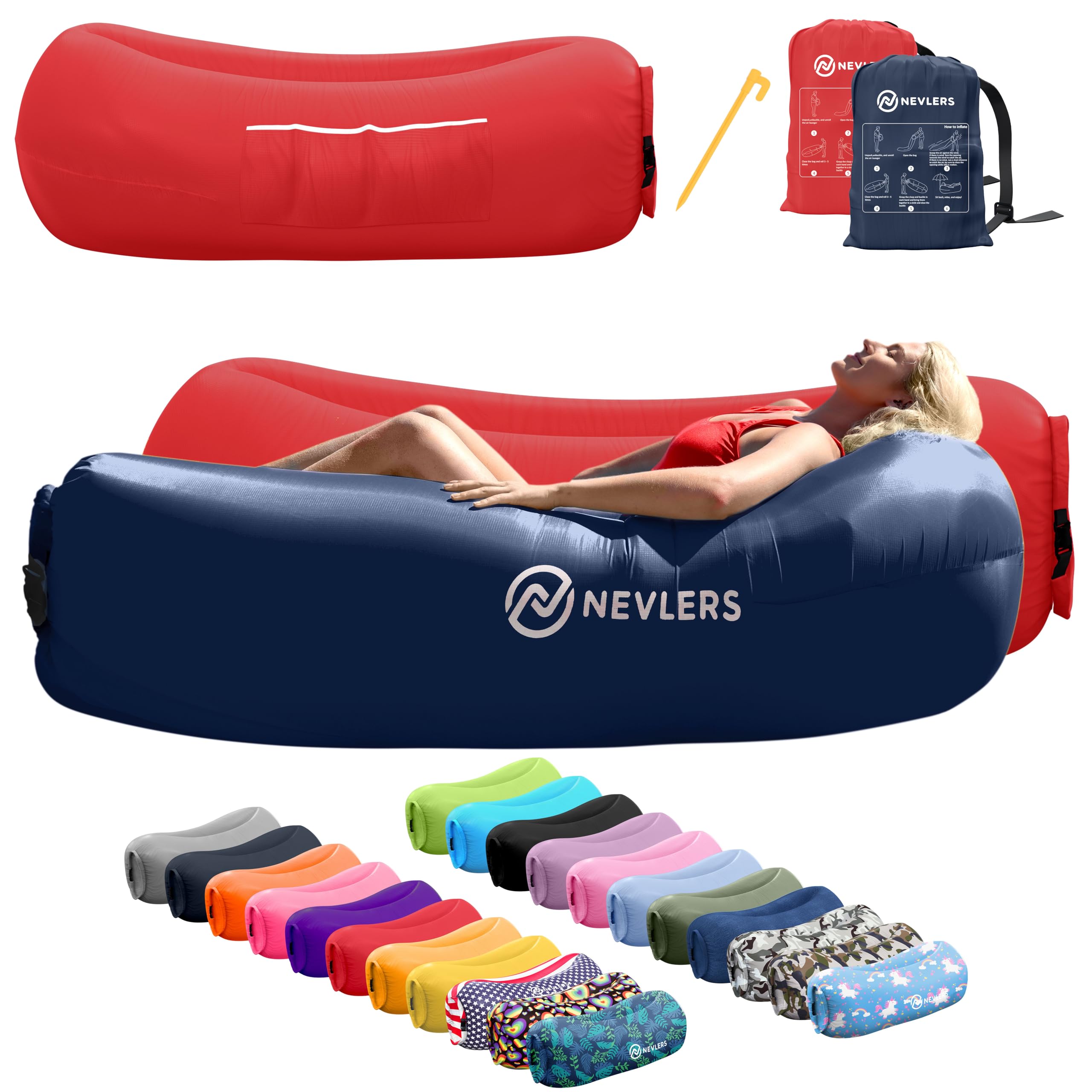 Nevlers navy and red inflatable lounger in pack form, ready for travel comfort.